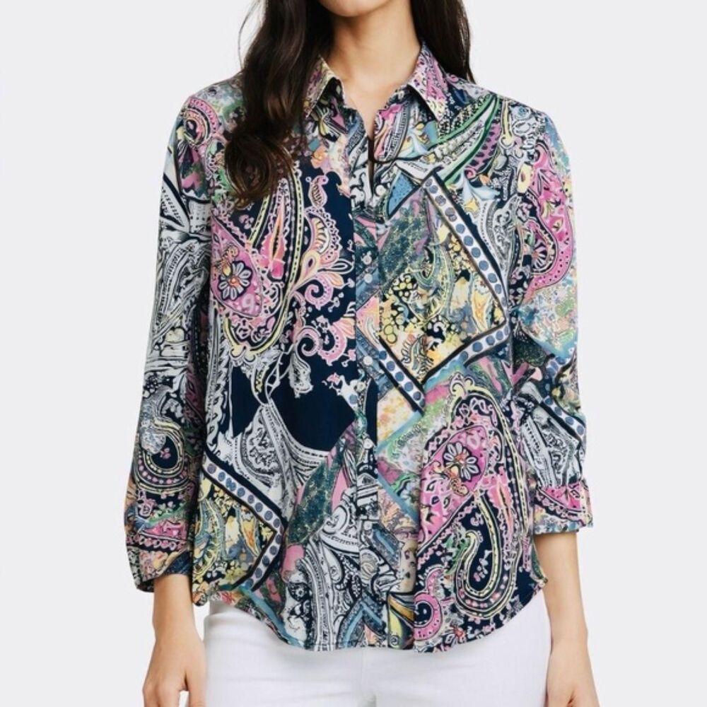 Lauren Ralph Lauren 100% Cotton Multicolor Paisley Button Up Top 3/4 Sleeves 1X